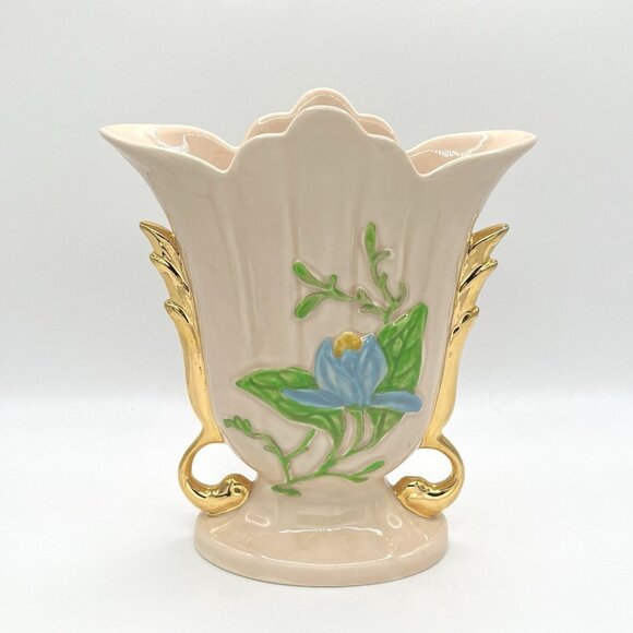 Vintage Hull Pottery Vase USA Art Baby Pink Gold Handles Blue Floral Mid Century - Picture 3 of 10